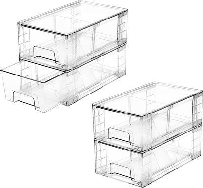 4 Pack Stackable Storage Drawers, Bathroom & Undersink Organizer with Removable Dividers - Acrylic Drawer Organizers with Handles for Fridge, Kitchen Cabinet, Pantry Storage