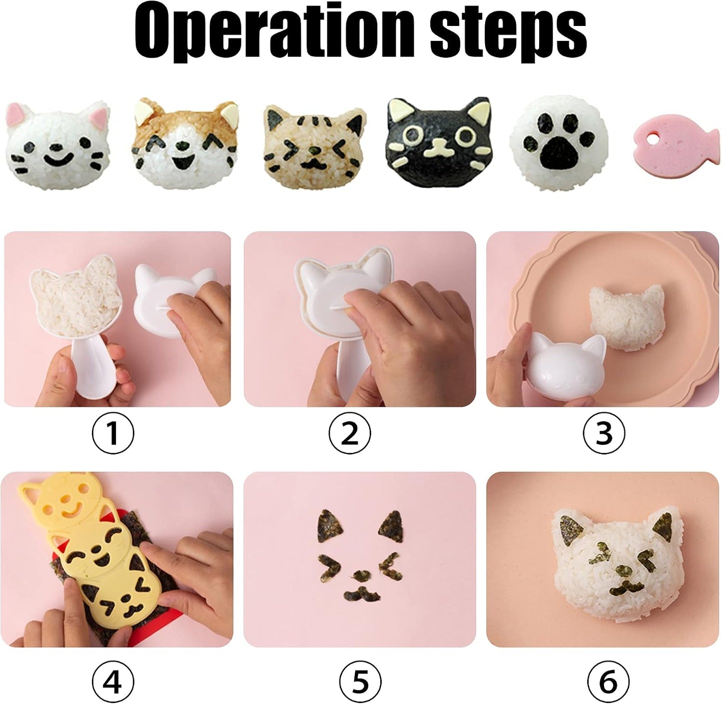 Cute Cat Rice Ball Molds 6 Sets Sushi Molds Bento Box Accessories Kits with 1PC Musubi Maker Press Mold, 2PCS Gimbap Molds Triangle and 1PC Rice Ball Mold Shaker for DIY Fun Lunch Box Picnic Tool