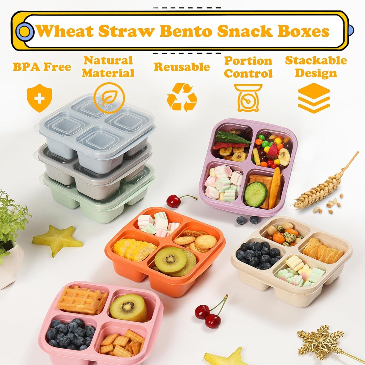 6 Pack Snack Containers, 4 Compartment Snack Box Containers Bento Box, Reusable Meal Prep Lunch Containers for Adults Kids Toddler, Divided Food Containers for Travel Work School