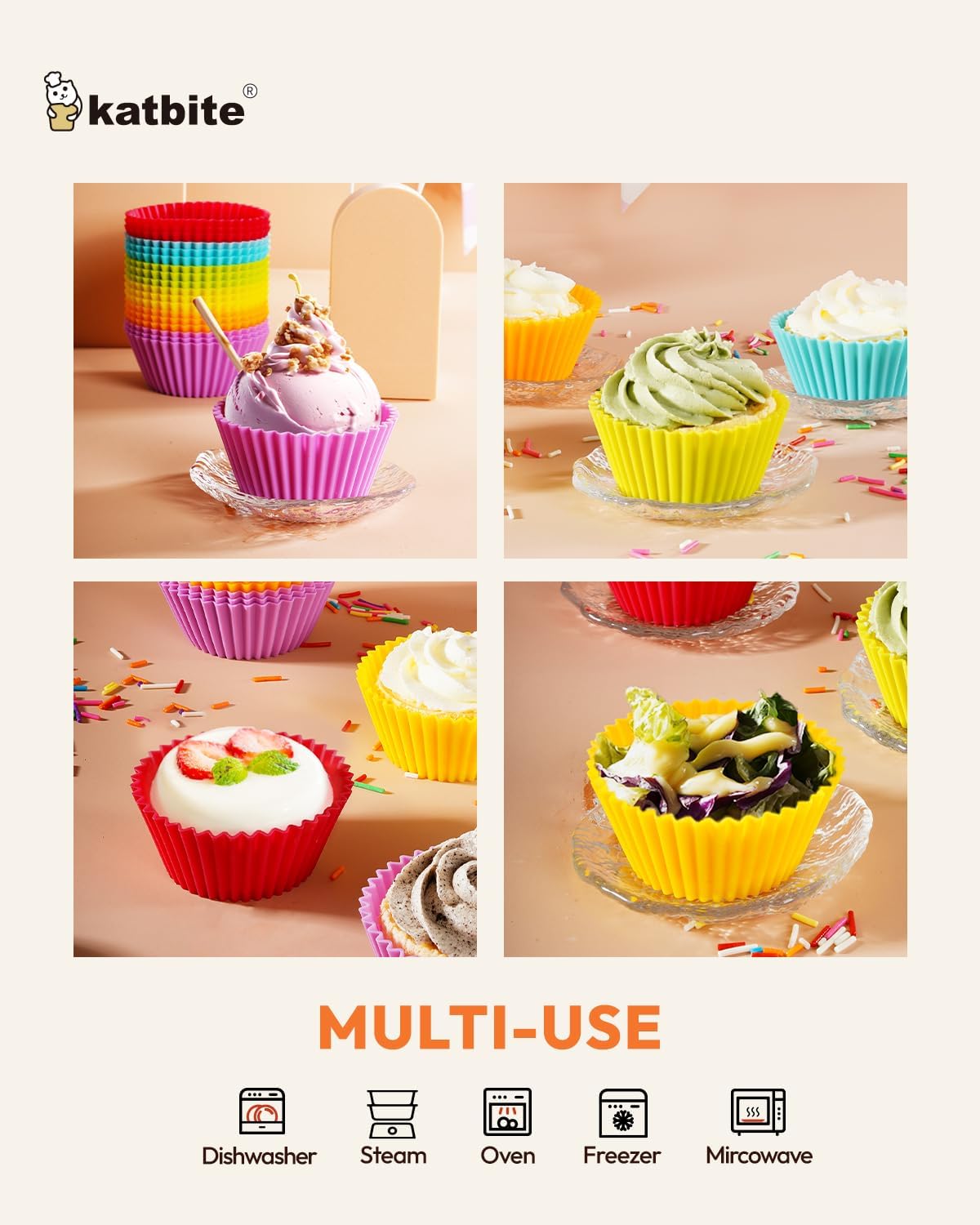 Silicone Cupcake Baking Cups Katbite 24 Pack Silicone Baking Cups Reusable Non-stick Heavy Duty Cupcake Liners for Baking Soft Pale Muffins Cups for Party Halloween Christmas