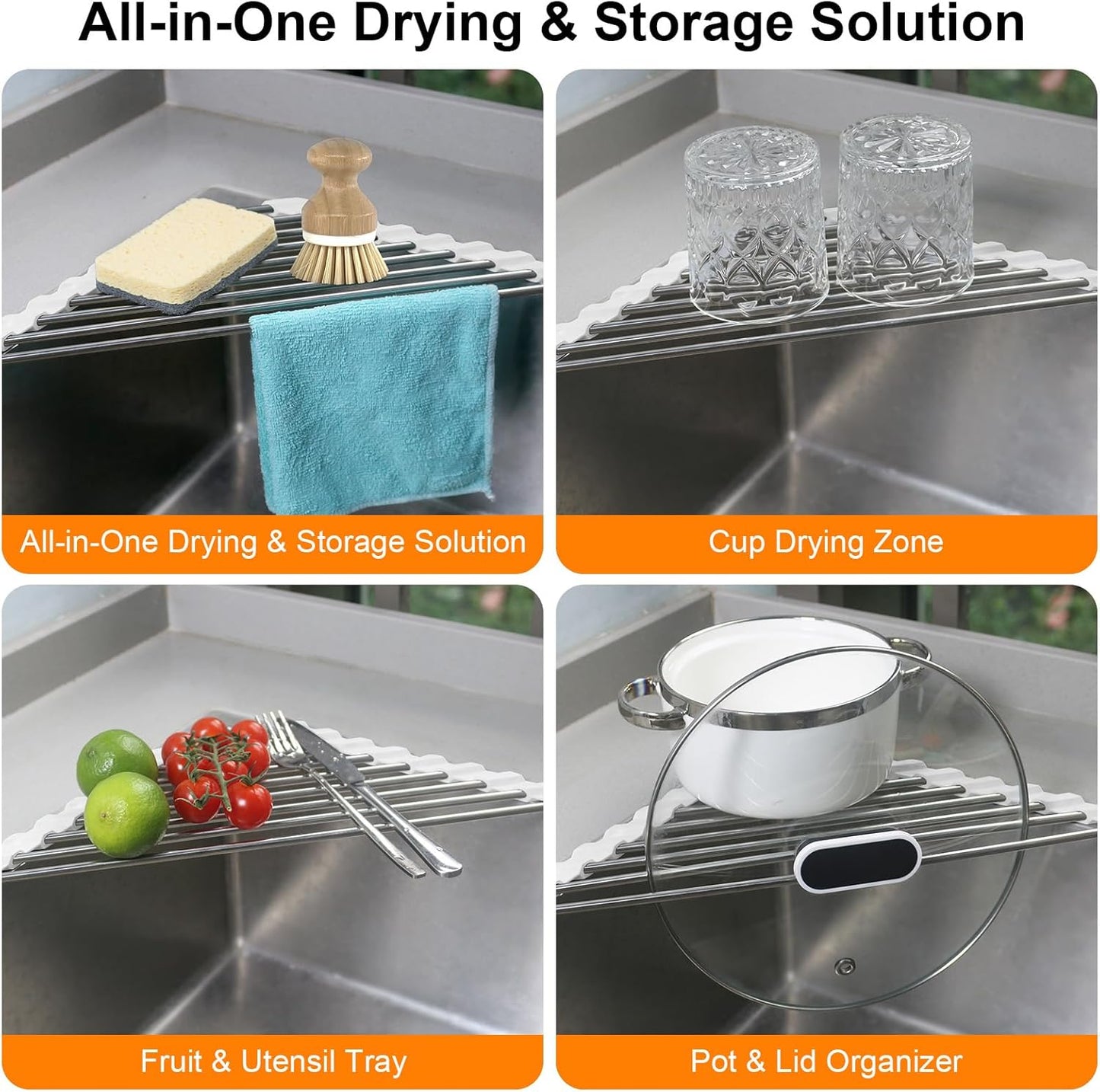 Corner Sink Caddy Triangle Dish Drying Rack for Sink Corner, Sponge Holder Roll Up Dish Drying Rack Over The Sink, Stainless Steel Kitchen Sink Organizer Drainer Mat Sponge Caddy for Counter Storage