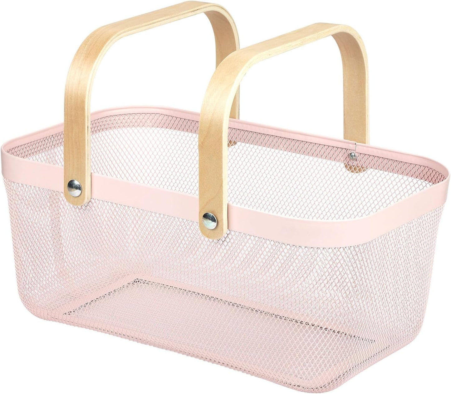 Coloful Metal Mesh Wire Basket with Foldable Wooden Handle,Bin Garden Fruit Vegetable Storage Hanging Harvest Holder for Kitchen Bathroom Picnic (Yellowish Green, Cuboid-15.7 x 9.5 x 7.2“)