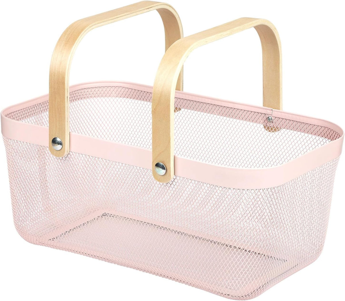 Coloful Metal Mesh Wire Basket with Foldable Wooden Handle,Bin Garden Fruit Vegetable Storage Hanging Harvest Holder for Kitchen Bathroom Picnic (Yellowish Green, Cuboid-15.7 x 9.5 x 7.2“)