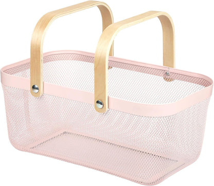 Coloful Metal Mesh Wire Basket with Foldable Wooden Handle,Bin Garden Fruit Vegetable Storage Hanging Harvest Holder for Kitchen Bathroom Picnic (Yellowish Green, Cuboid-15.7 x 9.5 x 7.2“)