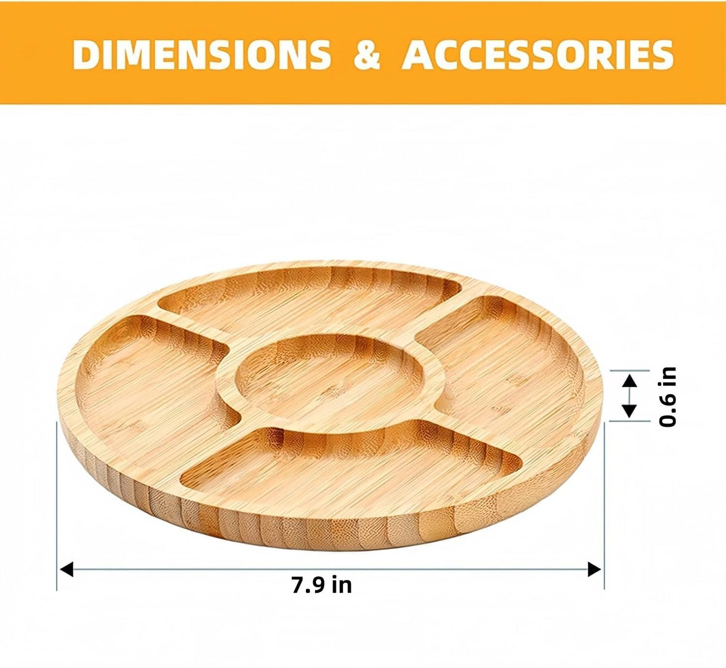 Divided Serving Dish Tray,7.9 in Round Bamboo Serving Trays,Wooden Candy Platters with 5 Compartments,Lazy Snack Trays for Home Decor,Parties, Events (1Pcs)