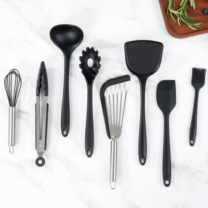 Silicone Black Cooking Utensil Set, 9 Pieces kitchen Utensil Set, Nonstick Tools Spatula Set, Heat Resistant Spatula Ladle Spoon Pasta Server for Cooking (Dishwasher safe)