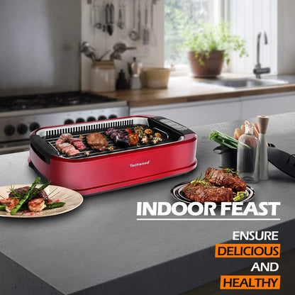 Techwood Indoor Grill Smokeless Grill, Electric Korean BBQ Grill with Glass Lid, Turbo Smoke Extractor Technology, Dishwasher-Safe Drip Tray & Nonstick Grilling Removable Plate, Black, 1500W