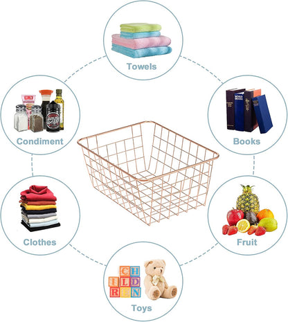 JUNCHU CHERRY Wire Kitchen Storage Basket 4 Packs,Perfect Pantry Organization Accessories Baskets,Laundry Basket,Countertop Organization,Suitable for Kitchen,Bathroom,Bedroom,Tabletop,Stackable,Chrome