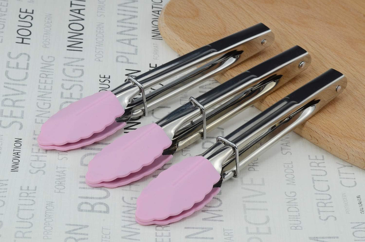 HINMAY Mini Stainless Steel Food Tongs with Silding Rings 7-Inch, Set of 6 | Small Clam Shell Service Tongs for Serving Appetizers, Desserts, Salads, Barbecue and Cooking (Silver)