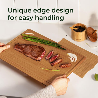 Keechee Cutting Board with Non-slip Mat, Bamboo Cutting Board for Kitchen Meal Prep & Serving - Wood Serving Board Set with Deep Juice Groove Ideal Kitchen Gifts