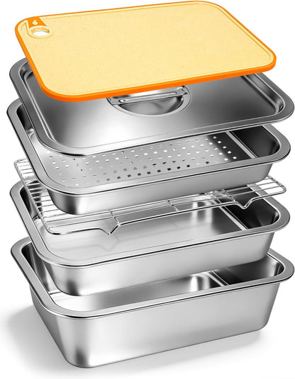 5 in 1 Grill Prep Tray and Carry System, Large Grilling Prep and Serve Trays with Lid and Cutting Board, Deep Meat Marinating Container as BBQ Grilling Gift, Home Series, L