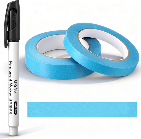 2 Kitchen Freezer Labeling Tapes with 1 Marker Pen, 0.47" x 54 yd Narrow Roll & 0.95" x 54 yd Wide Roll, Waterproof Low Temperature Freezer Marking Tape for Glass Bottle, Storage Container