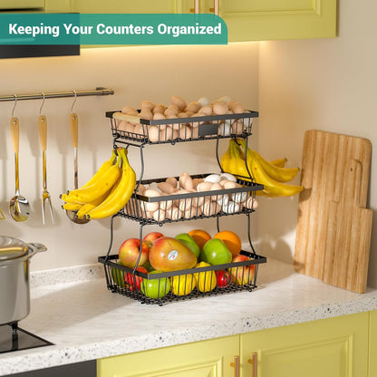2 Tier Fruit Basket for Kitchen Counter with 2 Banana Hangers, Countertop Metal Bread Basket with Wooden Handle, Large Storage Stand for Vegetables, Snacks, Eggs, Produce Storage – Black