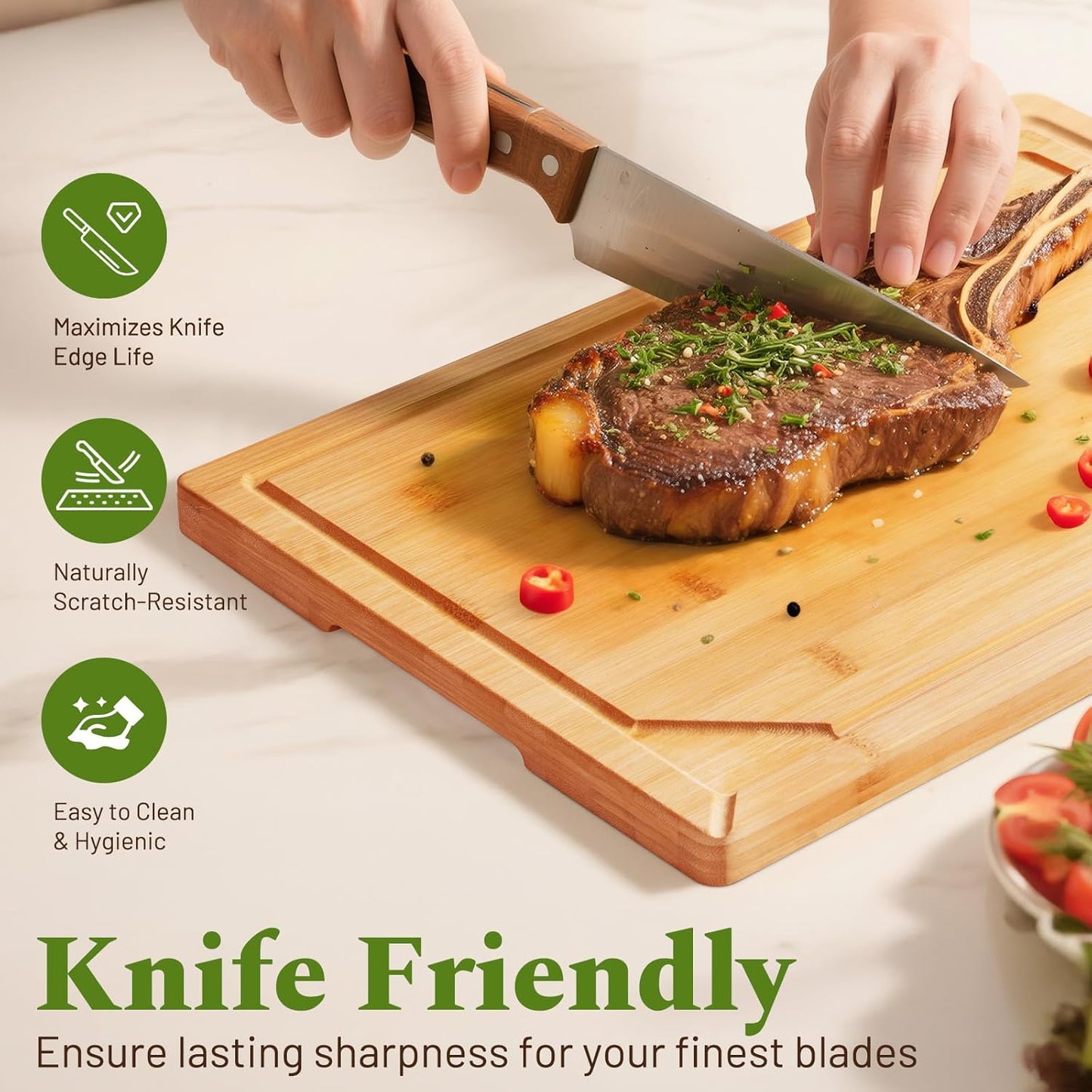 Kikcoin Over Sink Bamboo Cutting Boards for Kitchen - 3+1 Piece Self-Draining Healthy Wood Cutting Board Set with Built in Handle& Spout, Charcuterie& Meat Extra Large Butcher Chopping Boards, Natural