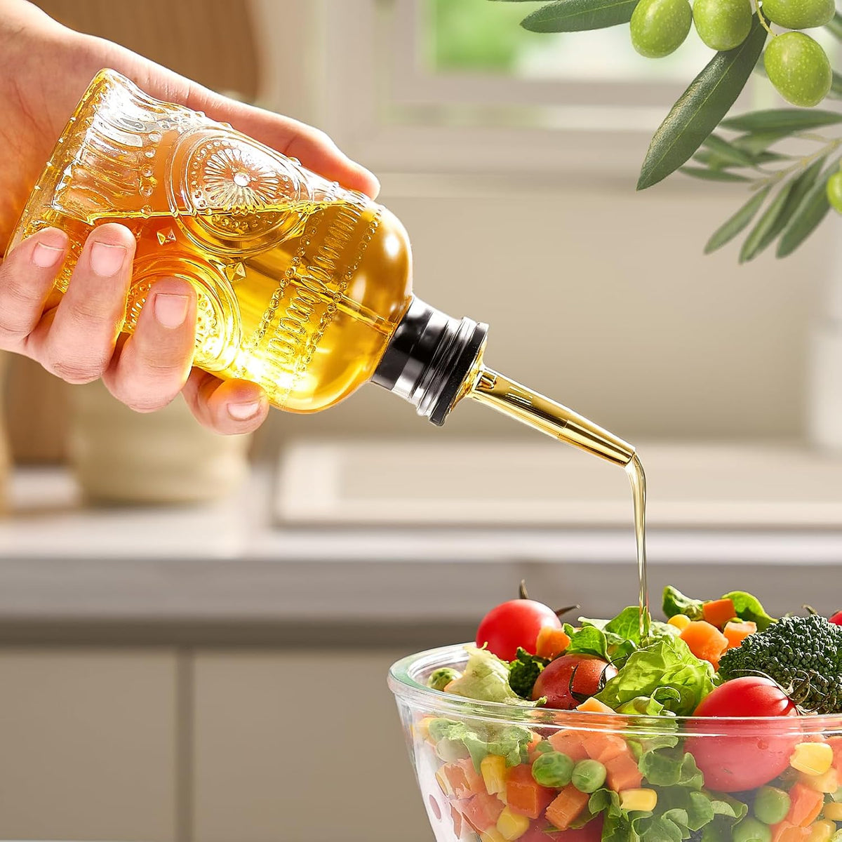 Baalaka Olive Oil Dispenser Bottle, 7 oz Glass Oil Bottle with Metal Spout