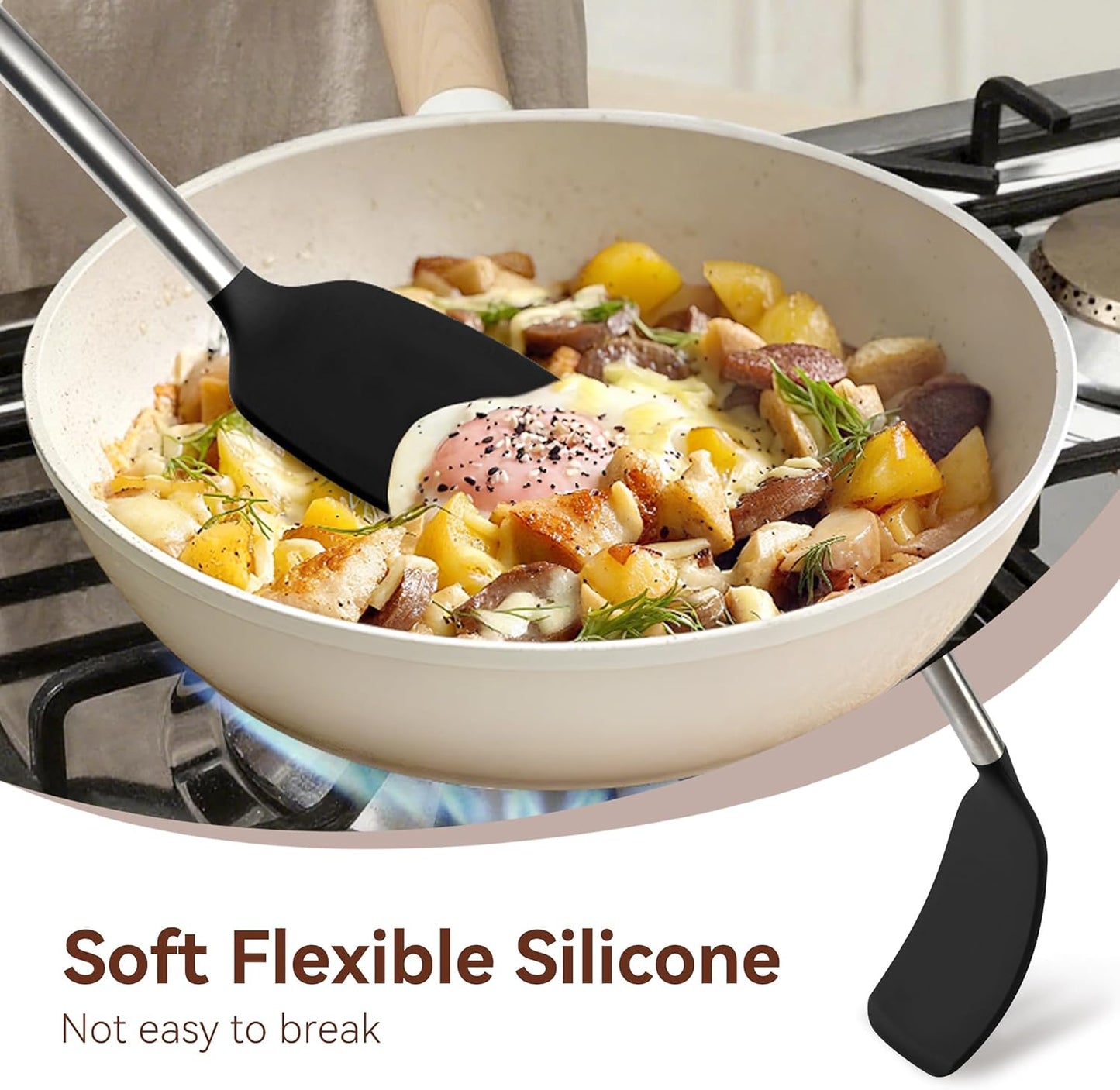 Silicone Cooking Utensils Set, NCUE 35 Pcs Kitchen Utensils Set with Holder, with Stainless Steel Handle Spatula Set, Spoons, Pasta Server, Cheese Grater, Masher, Scissors, Dishwasher Safe (Khaki)