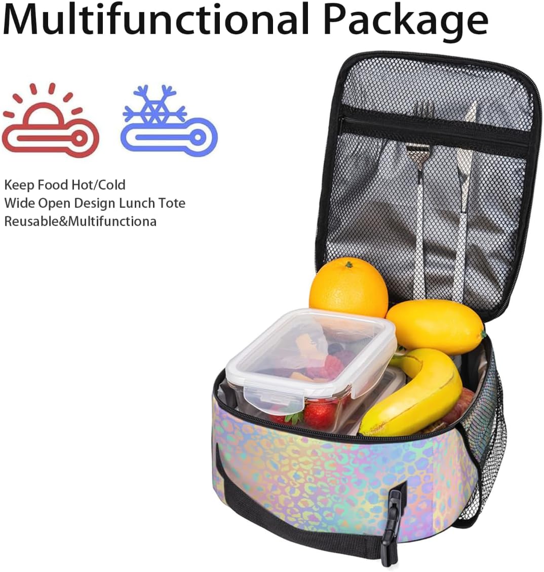 Rainbow Leopard Lunch Box Thermal Cooler Bento Tote Bags Portable Insulated Lunch Bag for Girls Teens, Kids Lunch Bags for School Beach Picnic Travel