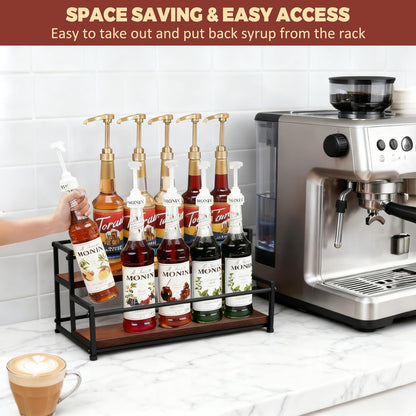 Countertop Liquor Bottle Organizer Shelf, 3-Tier | Rustic Display Rack, For Wine & Coffee Syrups, Freestanding Bar and Kitchen Storage, Easy-Carry Handles