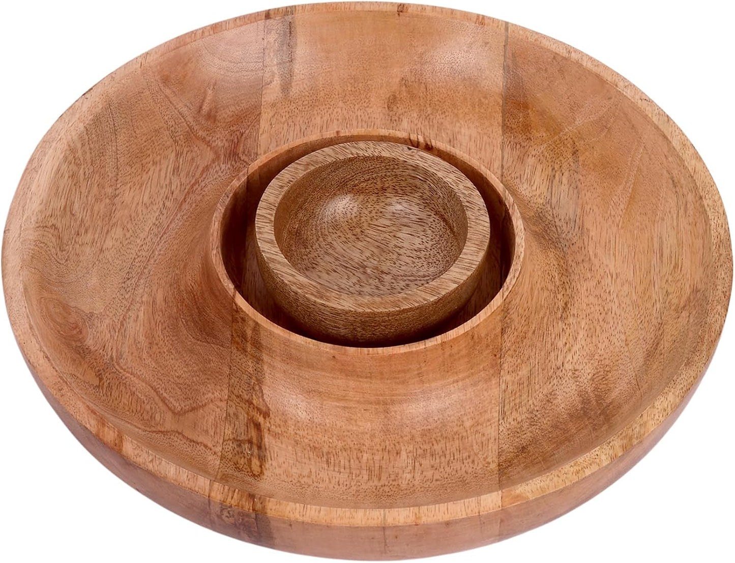 GoCraft Chip and Dip Serving Tray with Center Dip Bowl - Appetizer Platter - Large Party Bowl Set for Chips & Salsa, Snacks, Entertaining, Hosting - Mango Wood, Natural Brown, 11.5 Inch