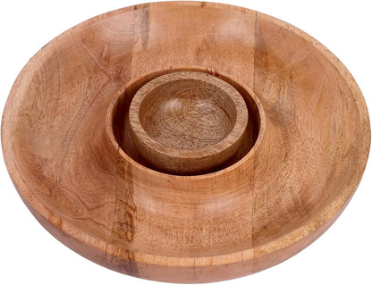 GoCraft Chip and Dip Serving Tray with Center Dip Bowl - Appetizer Platter - Large Party Bowl Set for Chips & Salsa, Snacks, Entertaining, Hosting - Mango Wood, Natural Brown, 11.5 Inch