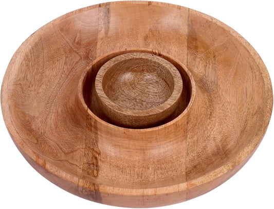 GoCraft Chip and Dip Serving Tray with Center Dip Bowl - Appetizer Platter - Large Party Bowl Set for Chips & Salsa, Snacks, Entertaining, Hosting - Mango Wood, Natural Brown, 11.5 Inch