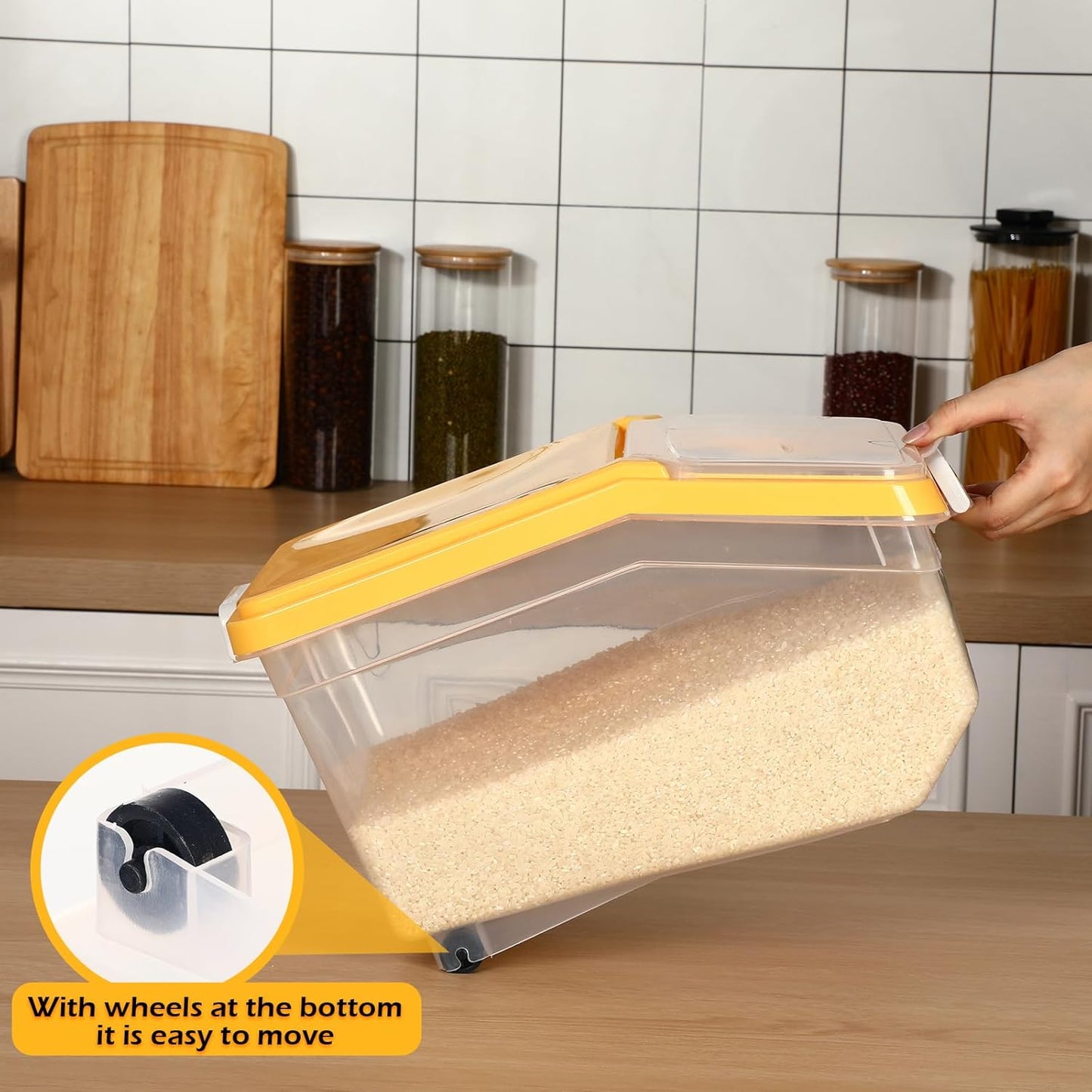 Sunnyray 4 Pcs Rice Storage Container 22 lb Airtight Flour Container with Wheels Measuring Cup Clear Pet Food Cube Dog Cat Birds Food Bin Grain Cereal Organizer Box for Dry Baking Supplies(White Lid)