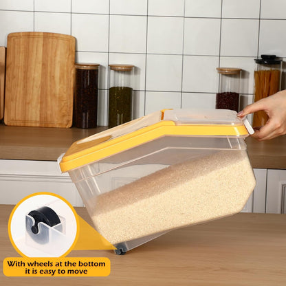 Sunnyray 4 Pcs Rice Storage Container 22 lb Airtight Flour Container with Wheels Measuring Cup Clear Pet Food Cube Dog Cat Birds Food Bin Grain Cereal Organizer Box for Dry Baking Supplies(White Lid)