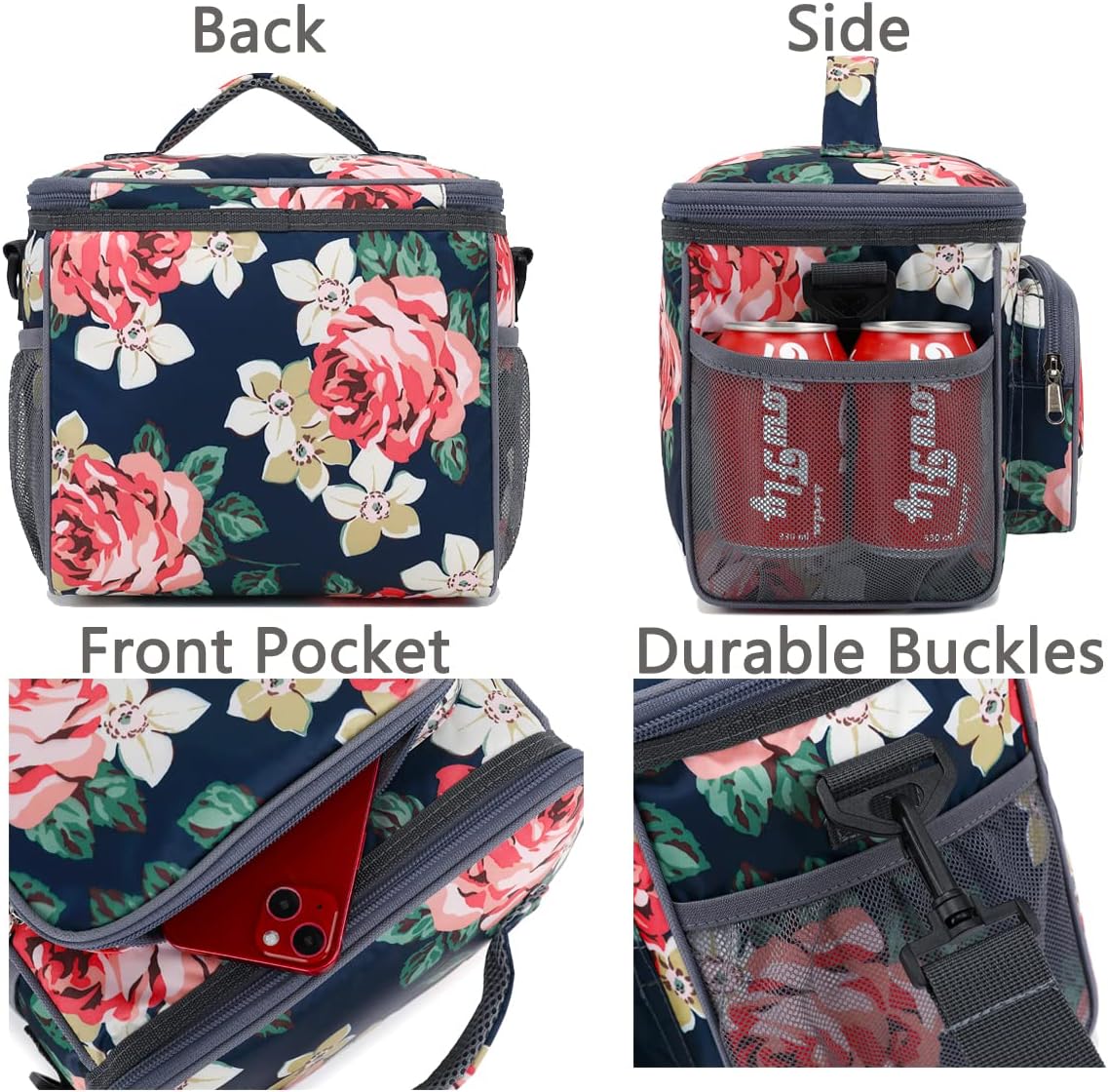 FlowFly Insulated Reusable Lunch Bag Adult Large Lunch Box for Women and Men with Adjustable Shoulder Strap,Front Zipper Pocket and Dual Large Mesh Side Pockets,Cherry - Colors B