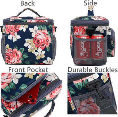FlowFly Insulated Reusable Lunch Bag Adult Large Lunch Box for Women and Men with Adjustable Shoulder Strap,Front Zipper Pocket and Dual Large Mesh Side Pockets,Cherry - Colors B