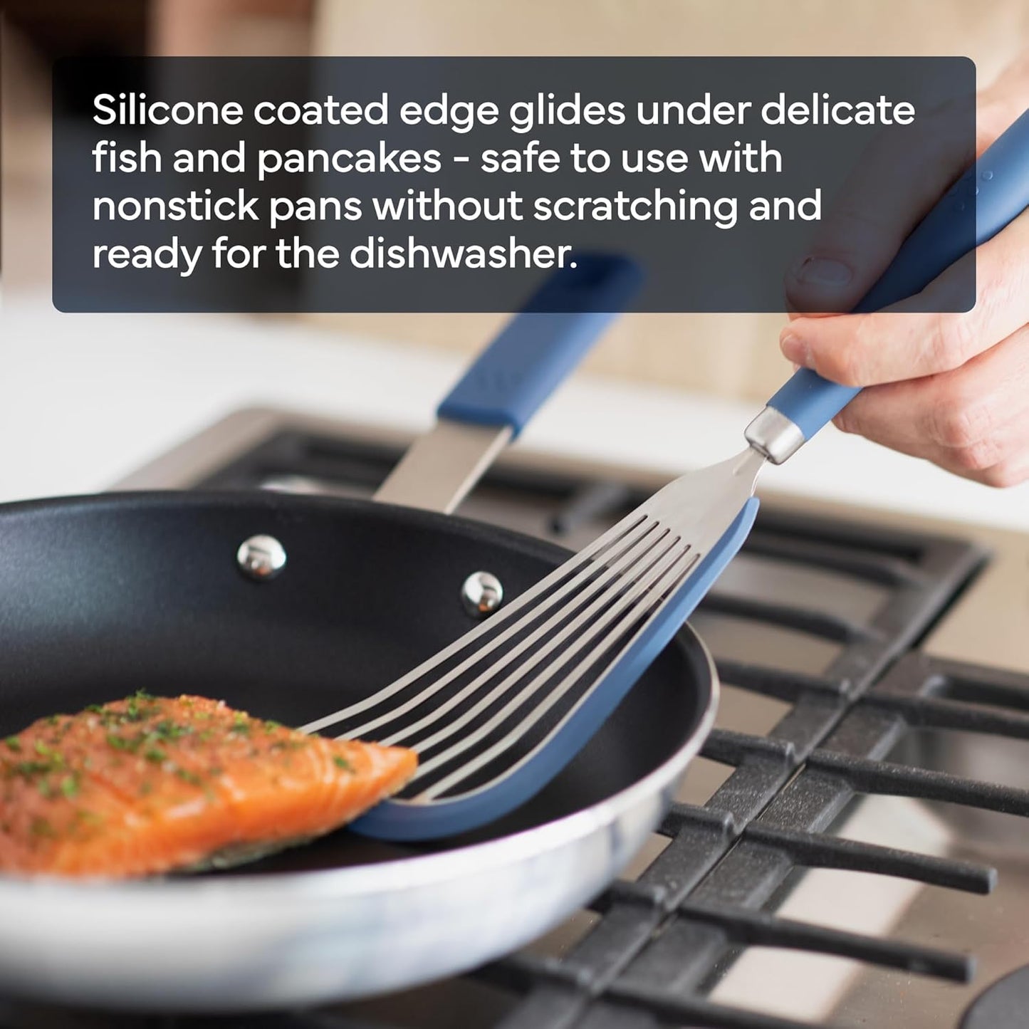 Misen Fish Stainless Steel Spatula - Slotted Turner for Cooking - Perfect for Frying - Heat Resistant - Dishwasher Safe -1mm Thick Flexible Flipper - Soft Silicone Grip Handle for Easy Use