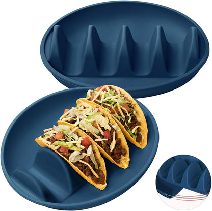 3Pack Silicone Taco Plates with Metal Reinforced Frame, AODISTUCE Silicone Taco Holders with 4 Dividers, Reusable Taco Shell Holder Taco Tray Taco Bar Serving Set for Party Taco Night, Dishwasher-Safe