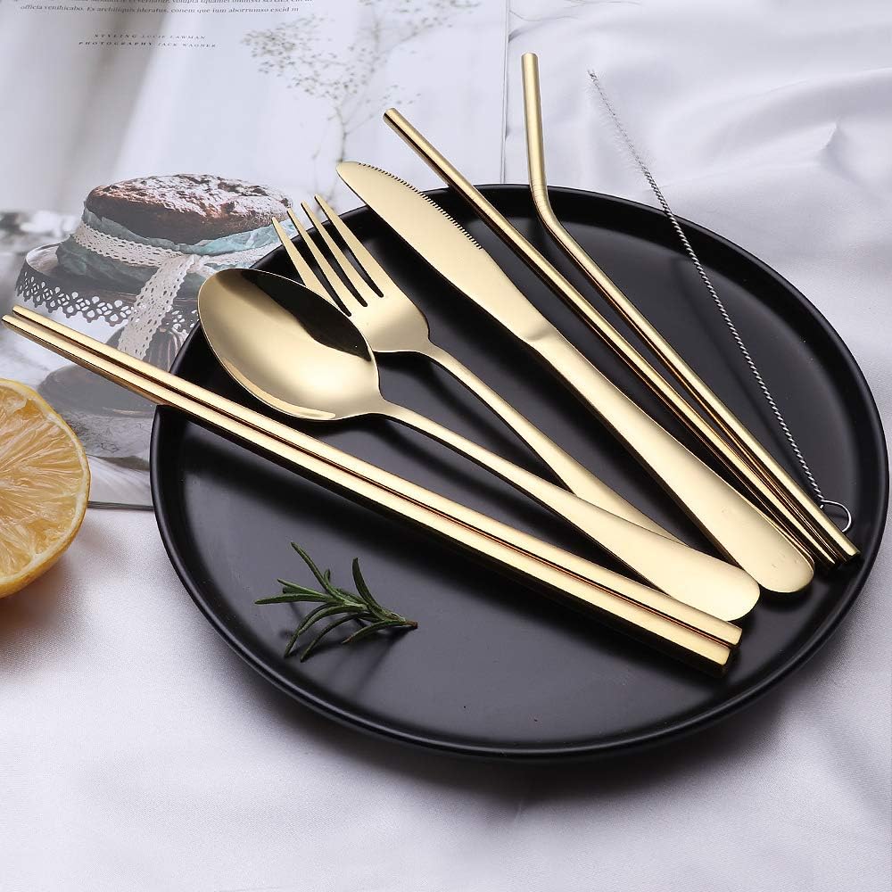 Portable Stainless Steel Flatware Set, Travel Camping Cutlery Set, Portable Utensil Travel Silverware Dinnerware Set with a Waterproof Case (Pink)