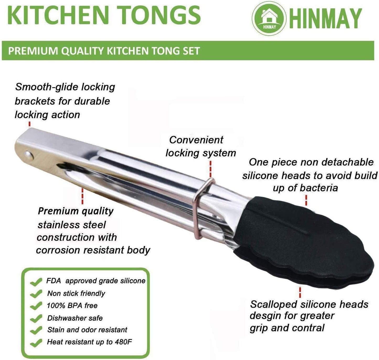 HINMAY Mini Stainless Steel Food Tongs with Silding Rings 7-Inch, Set of 6 | Small Clam Shell Service Tongs for Serving Appetizers, Desserts, Salads, Barbecue and Cooking (Silver)