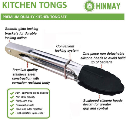 HINMAY Mini Stainless Steel Food Tongs with Silding Rings 7-Inch, Set of 6 | Small Clam Shell Service Tongs for Serving Appetizers, Desserts, Salads, Barbecue and Cooking (Silver)