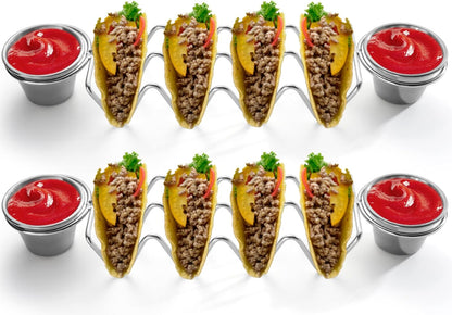 Taco Holders Set of 2,Stainless Steel Taco Holder with Sauce Cup,Taco Stand for 8 Tacos,Taco Trays for Home Kitchen Bar Party