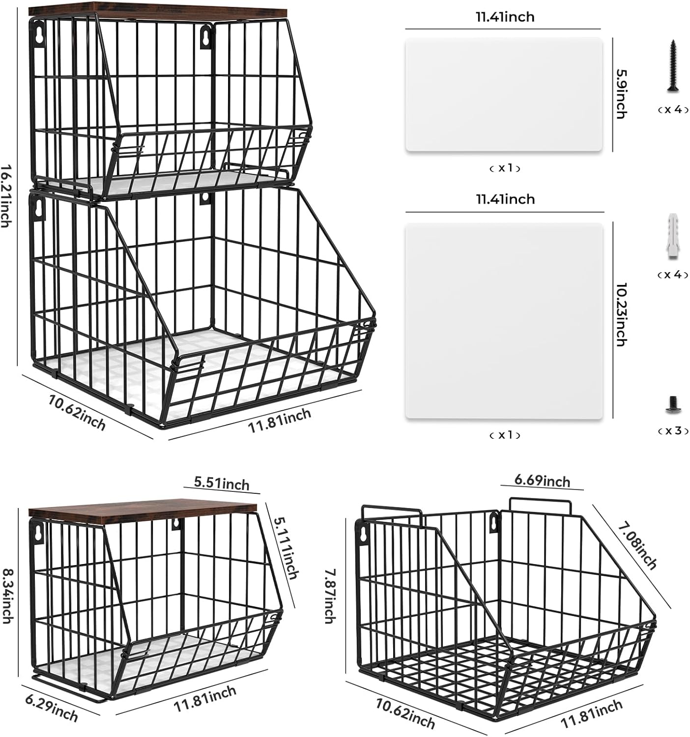 White Fruit Bowl Wire Basket Storage Pantry Fruit and Vegetable Storage Fruit Basket for Kitchen Counter Stackable Wall Mounted Hanging Basket Wire Basket with Wood Lid with Hanger Hooks