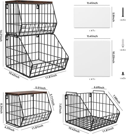 White Fruit Bowl Wire Basket Storage Pantry Fruit and Vegetable Storage Fruit Basket for Kitchen Counter Stackable Wall Mounted Hanging Basket Wire Basket with Wood Lid with Hanger Hooks