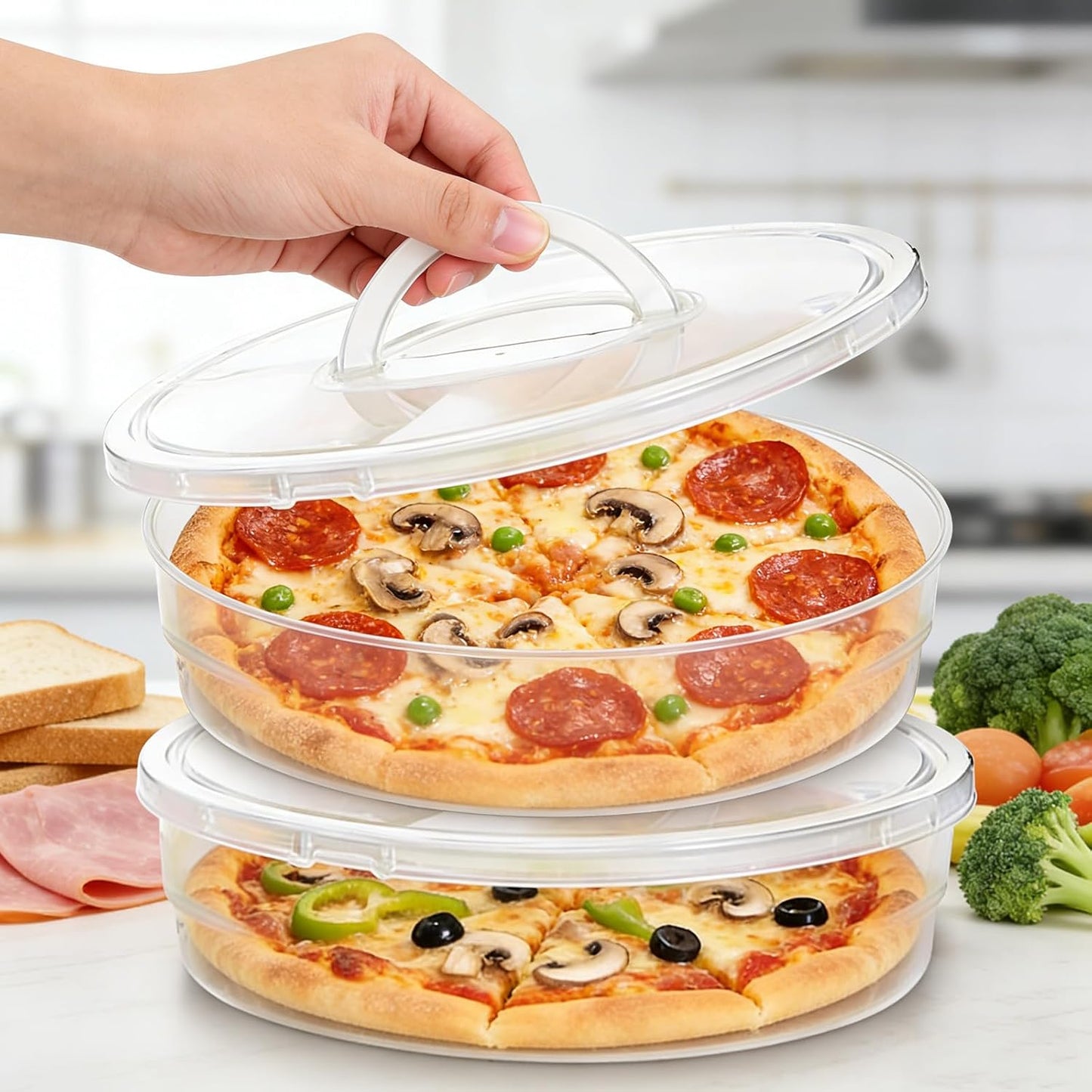 2 Pack 12 Inch 2-Compartment Food Storage Containers with Lids & Handles - Reusable Round Pie Carriers, Pizza Slice Holders for Pie, Cheesecake, Tortilla,Dumplings, Eggs