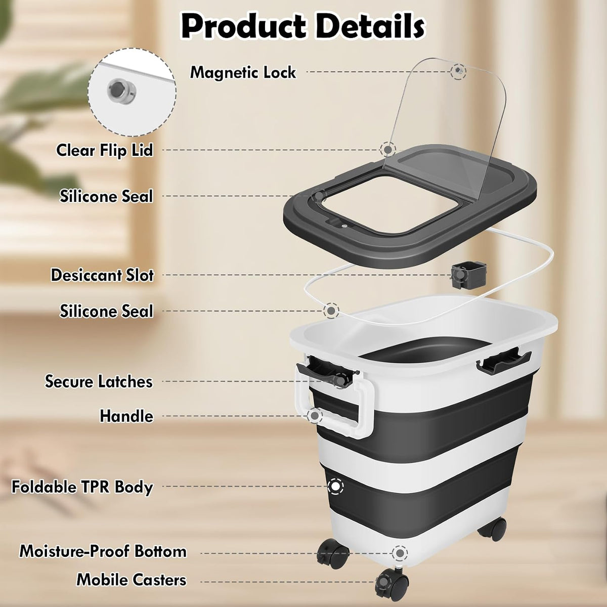 Dog Food Storage Container, 25Lbs Large Collapsible Pet Cat Food Container with Airtight Lids Wheels Handle Scoop Measuring Cup Small Container, Rice Kitchen Dry Food Storage Dispenser Bin (Black)