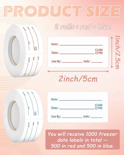 2 Rolls 1000 Pieces Removable Food Labels, 1 x 2 Inch Date Stickers for Freezer, Refrigerator Food Containers – Easy to Write On, Perfect for Food Labeling and Storage Organization (1000)
