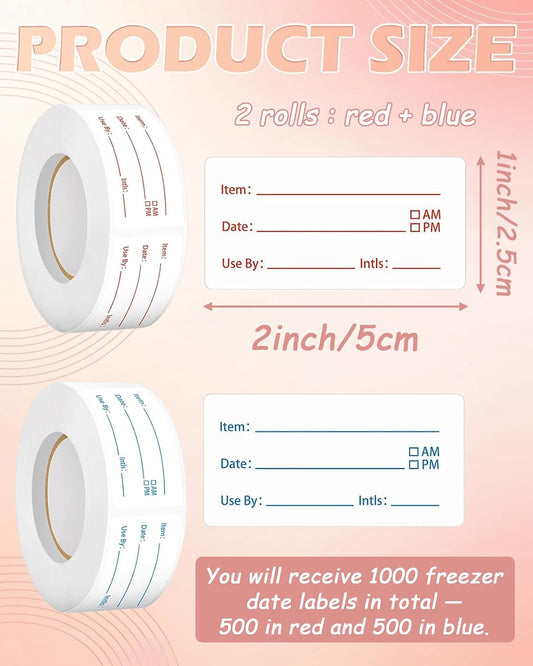 2 Rolls 1000 Pieces Removable Food Labels, 1 x 2 Inch Date Stickers for Freezer, Refrigerator Food Containers – Easy to Write On, Perfect for Food Labeling and Storage Organization (1000)