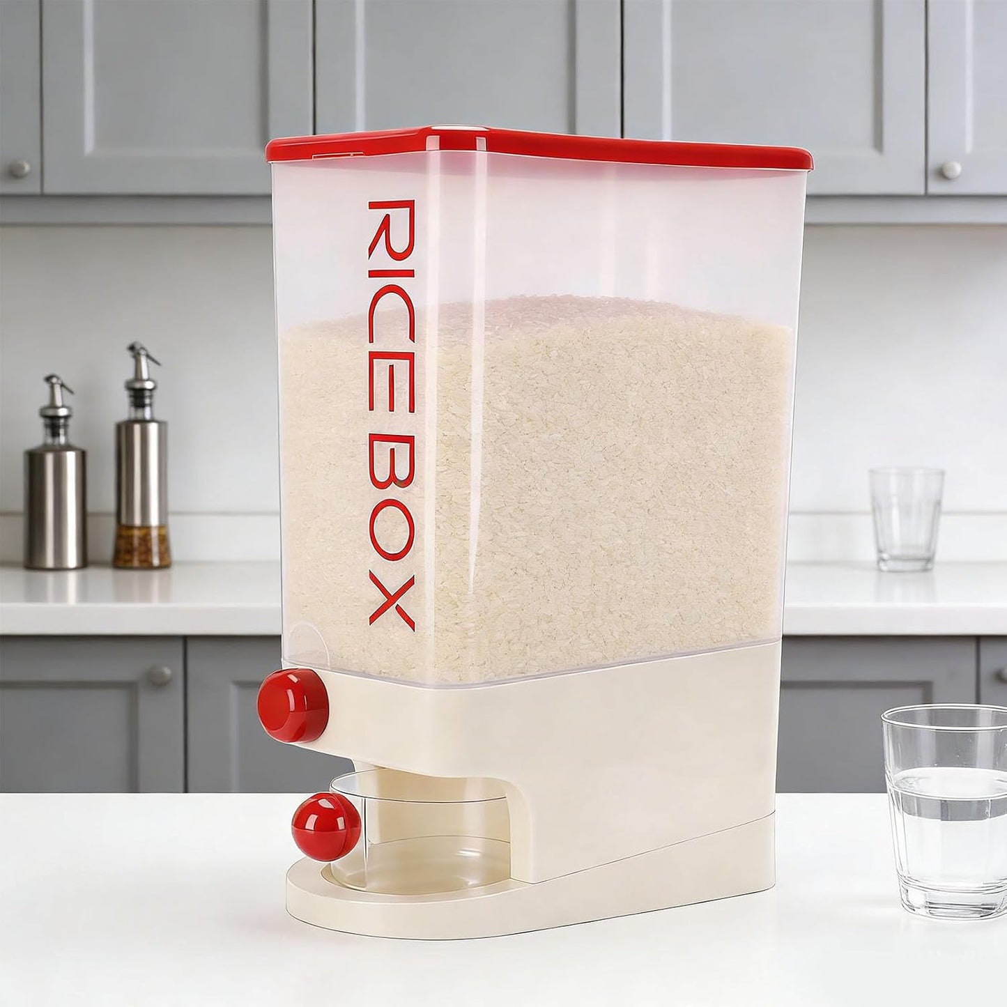 TARSHYRY Rice Dispenser, Large Capacity 10kg Airtight Space Saving Grain Storage Container with Measuring Cup, for Rice Beans Corn Tapioca (Green)