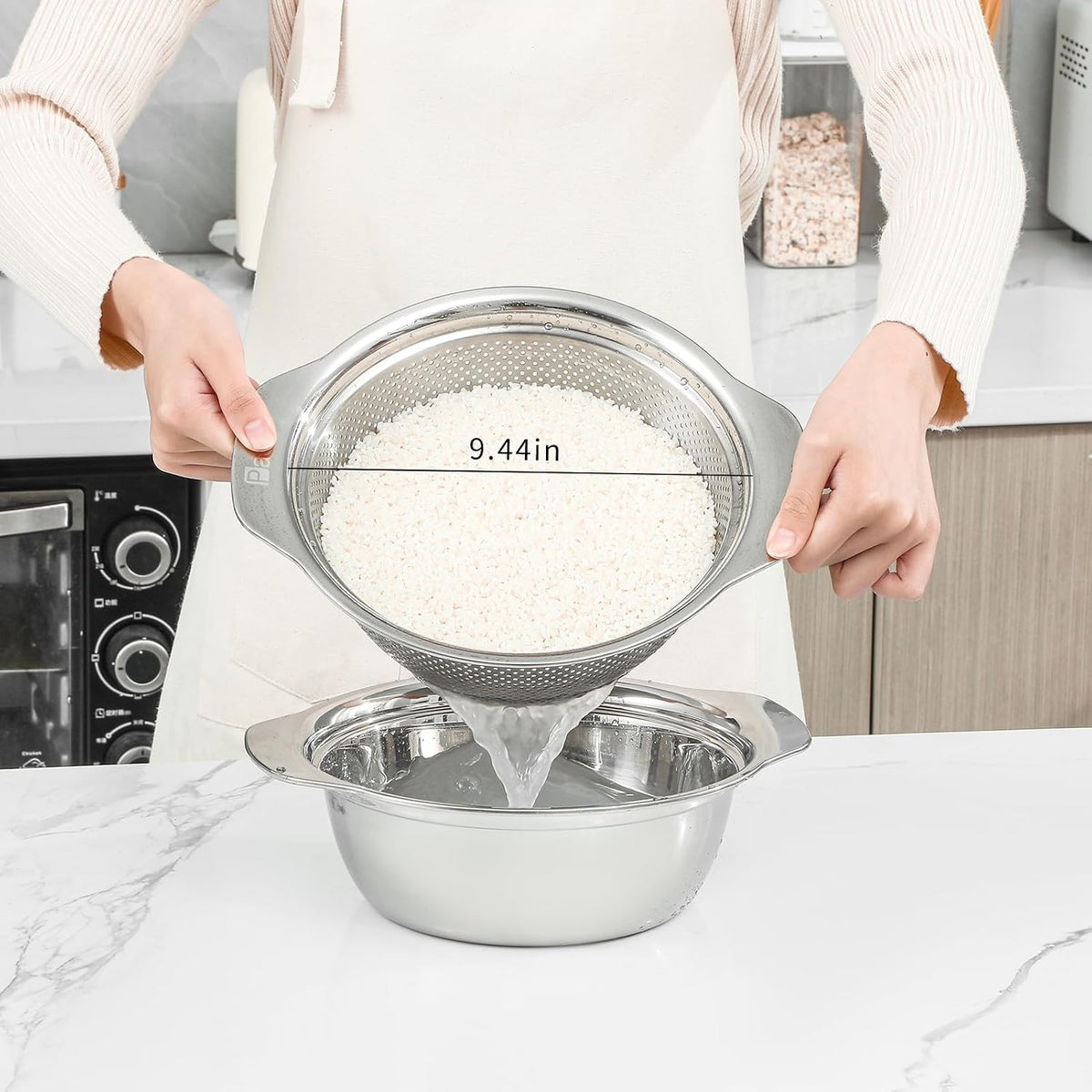 Paoli 304 Stainless Steel Fine Mesh Colander Set, 3.5QT Large Capacity Strainer with Mixing Bowl — Rinse Fruits, Veggies, Rice & Drain Pasta, Dishwasher Safe (2-Piece)