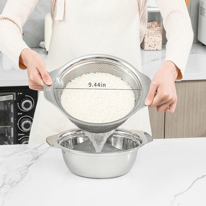 Paoli 304 Stainless Steel Fine Mesh Colander Set, 3.5QT Large Capacity Strainer with Mixing Bowl — Rinse Fruits, Veggies, Rice & Drain Pasta, Dishwasher Safe (2-Piece)