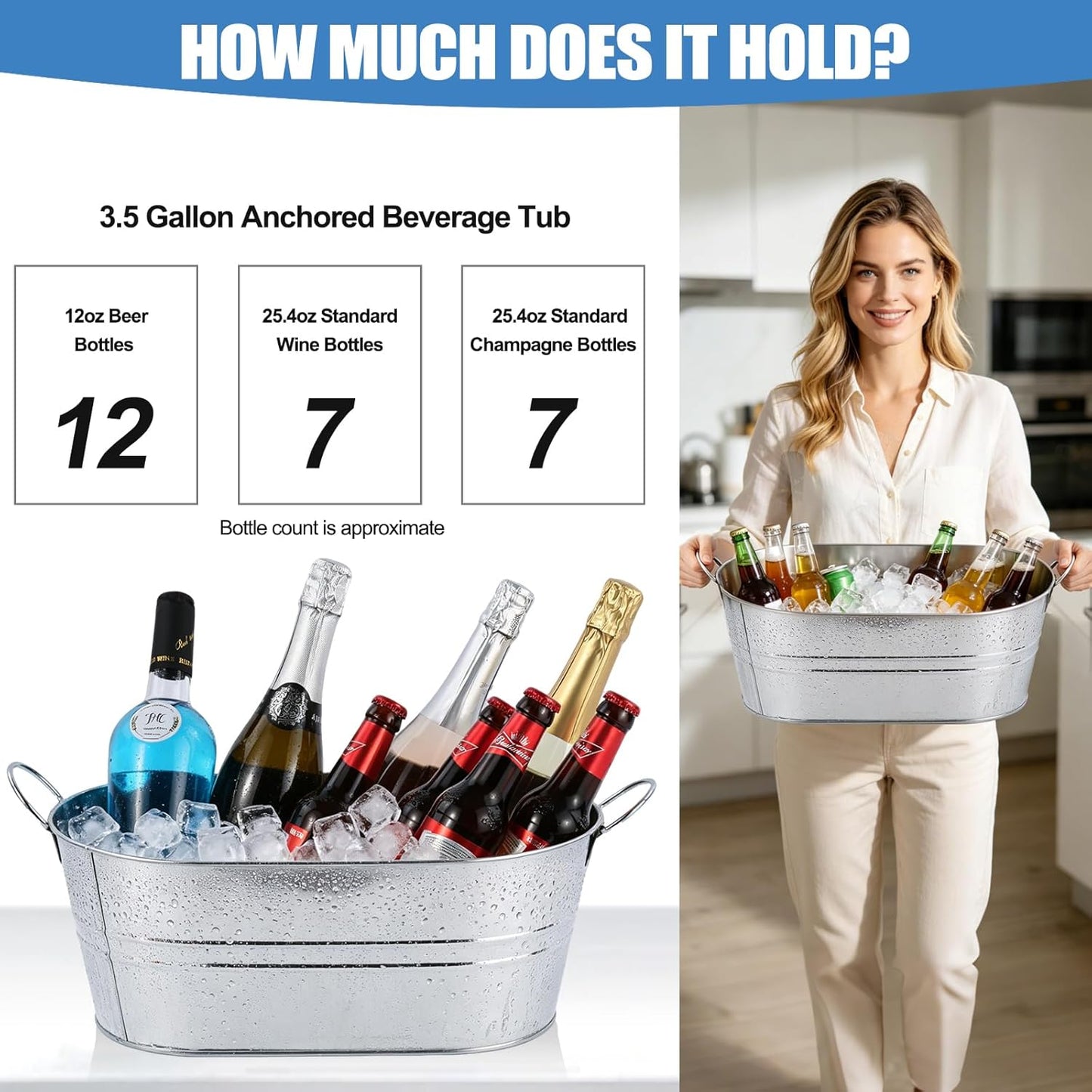 2 Pack Galvanized Ice Bucket with 2 Scoops, 3.5 Gallon Beverage Tub for Parties, Large Metal Ice Bucket for Beer, Wine & Champagne, Leak Resistant Drink Tub with Handles