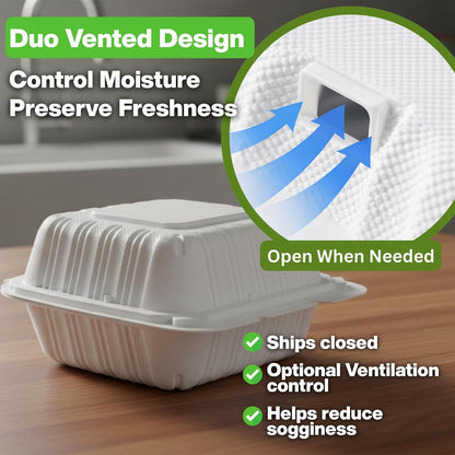 9x9 3-Compartment Hinged Vented Food Containers, 50 Pack – Clamshell Takeout Containers, Meal Prep Food Storage, 3 Compartment Food Containers, To Go Boxes & Cake Slice Box - Black