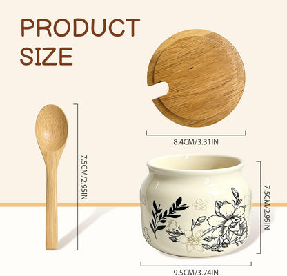Ceramic Salt Cellar Bamboo Lid Spoon 3.5" Wide 12oz