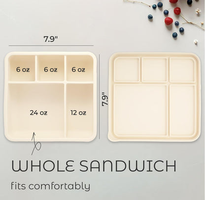 ASOMIC Large Silicone Bento Box, 5 Compartments, Leakproof Lunch Container, BPA-Free, Microwave & Dishwasher Safe, For Work, School & Travel (Ivory)