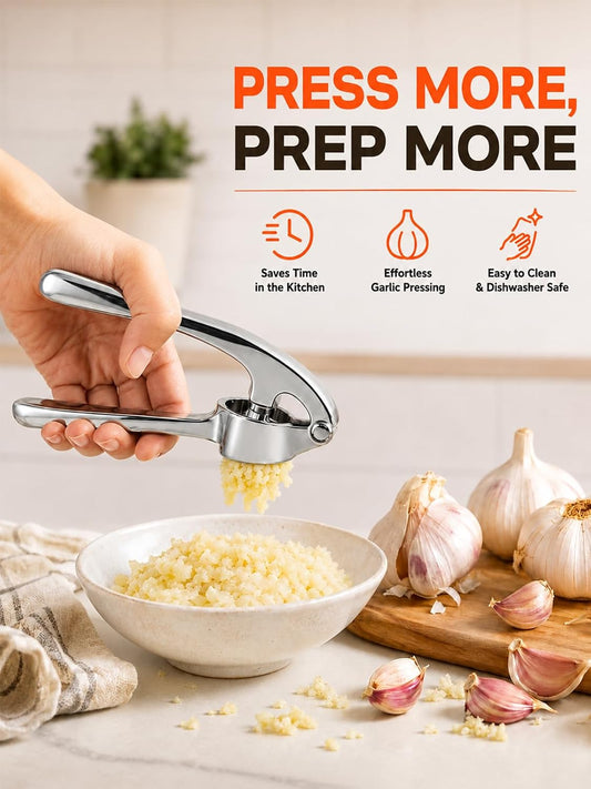 CUNSENR Garlic Press and Peeler Set, Heavy Duty Mincer with Brush, Silver