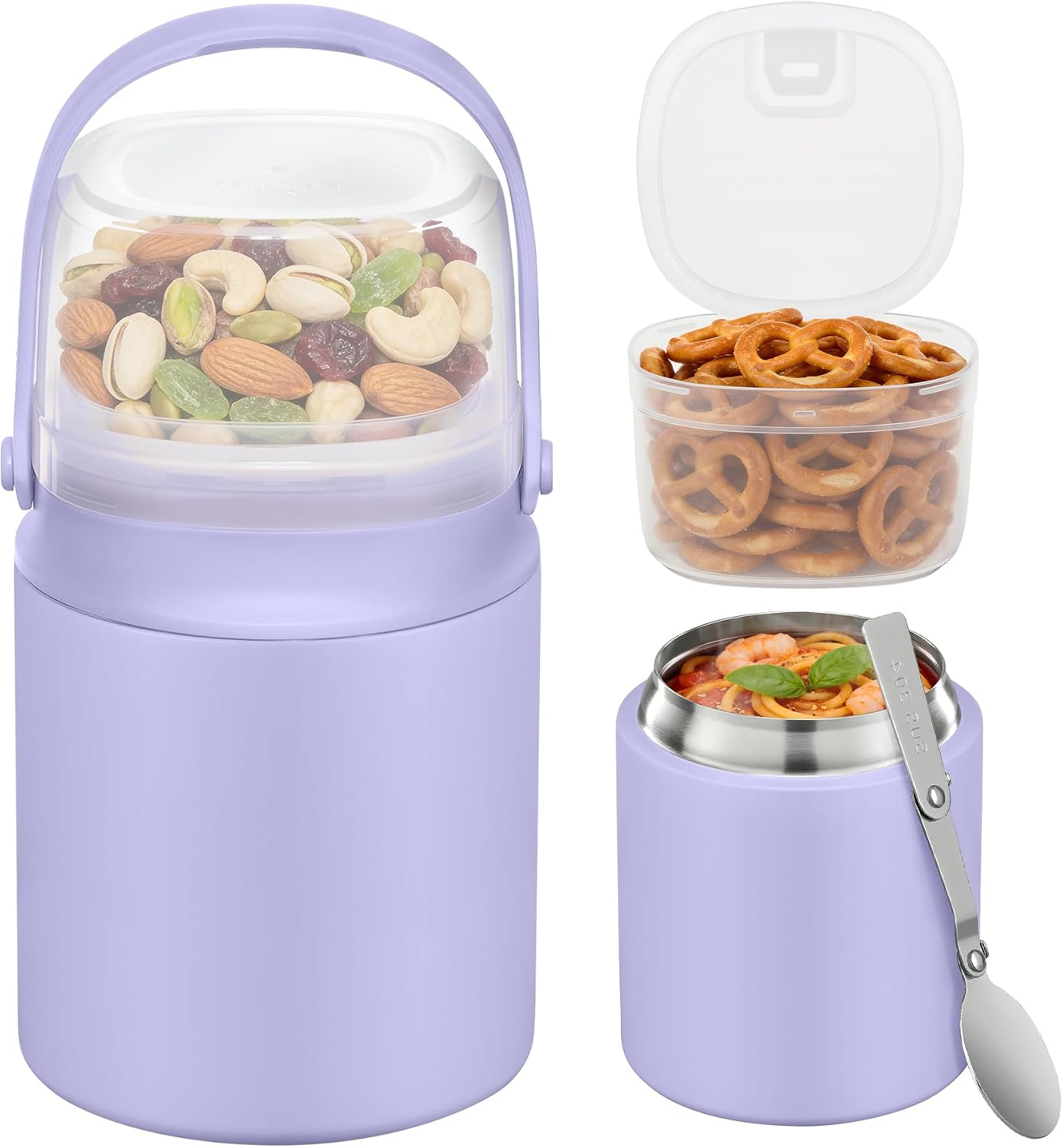 2 - in - 1 Soup Thermo for Hot Food 14oz with Snack Box Container Leak Proof Insulated Lunch Container Kids and Adults Stainless Steel Double Wall Vacuum Wide-mouth Thermal with Spoon and Handle